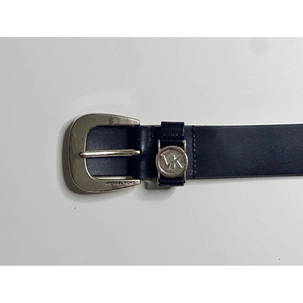 Michael Kors Genuine Leather Belt Navy Blue Silver Buckle MK Logo Size M